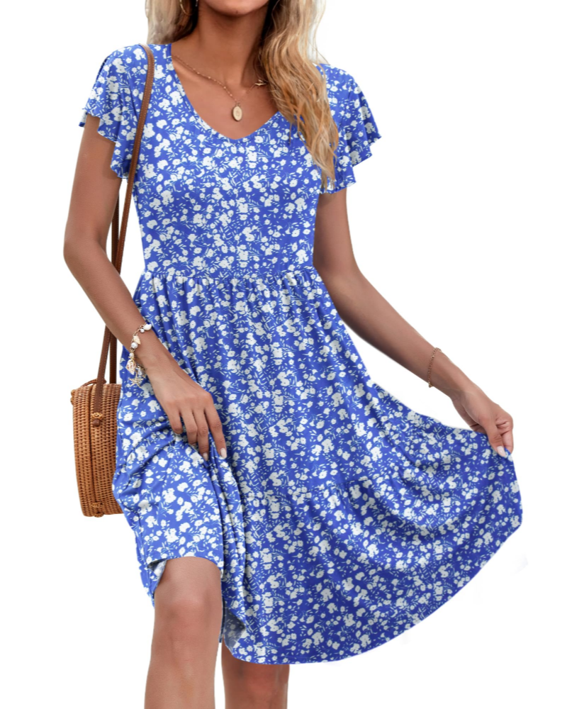 Mila Women’s V-Neck A-Line Dress – Ruffle Sleeve Fit & Flare Dress with Pockets