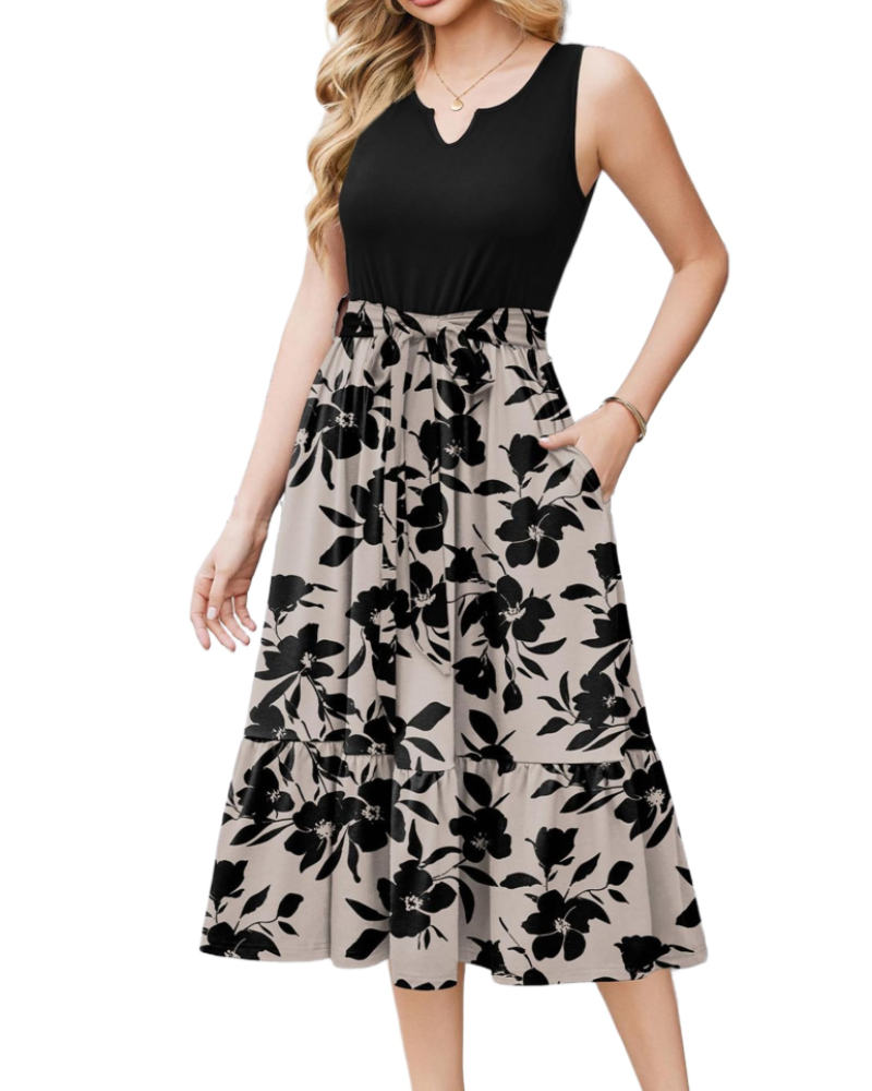 Amelia Women’s Sleeveless Midi Dress – V-Neck Belted Sundress with Pockets