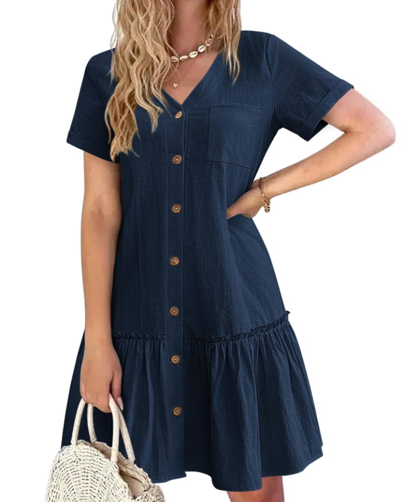 Daisy Women’s Linen Dress – V-Neck Button Down Summer Dress with Pocket