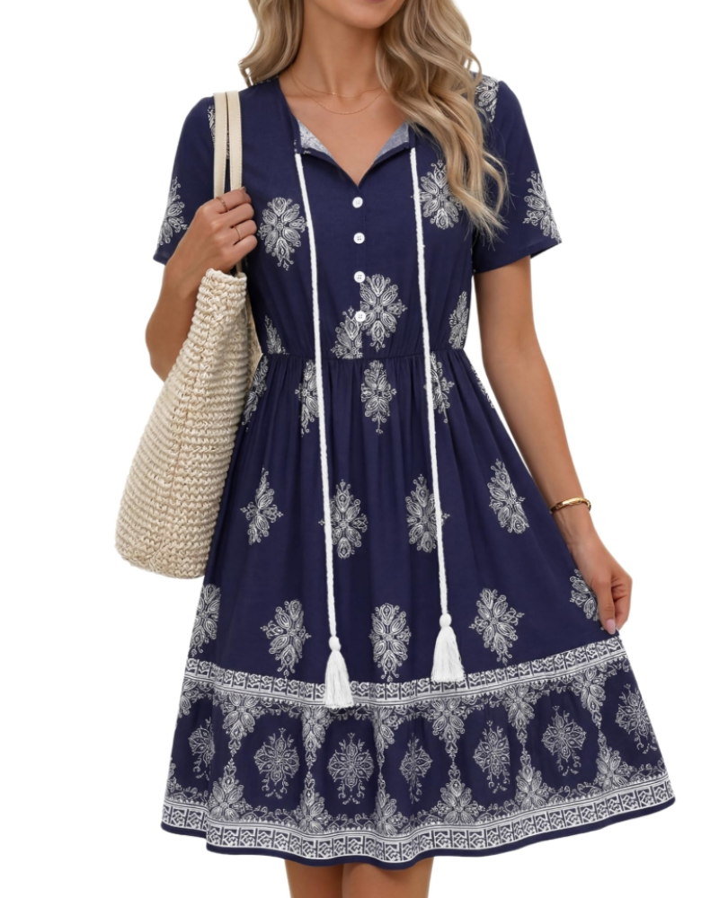 Lillian Women’s Boho Midi Dress – V-Neck Tassel Short Sleeve A-Line Dress