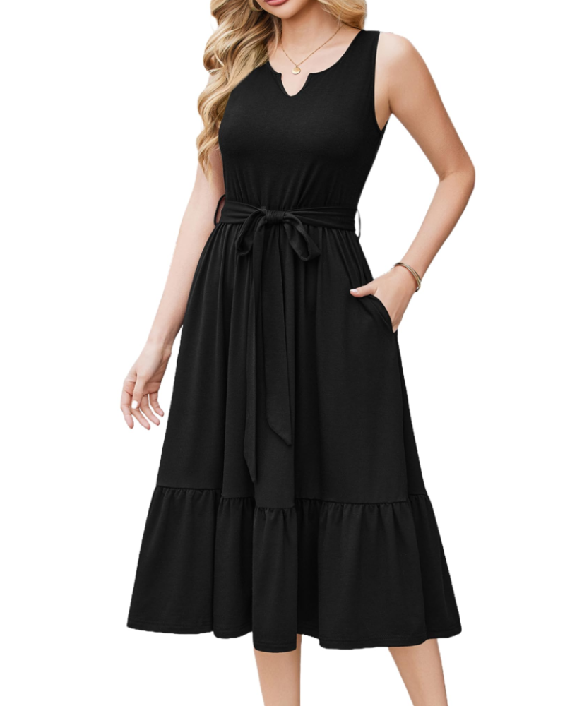 Amelia Women’s Sleeveless Midi Dress – V-Neck Belted Sundress with Pockets