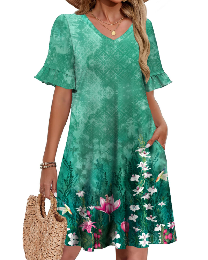 Freya Women’s A-Line Summer Dress – V-Neck Ruffle Sleeve Tunic Dress with Pockets