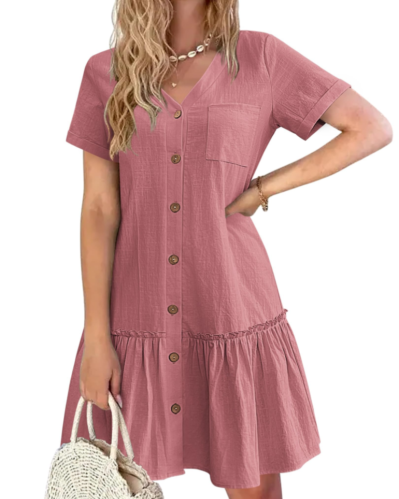Daisy Women’s Linen Dress – V-Neck Button Down Summer Dress with Pocket