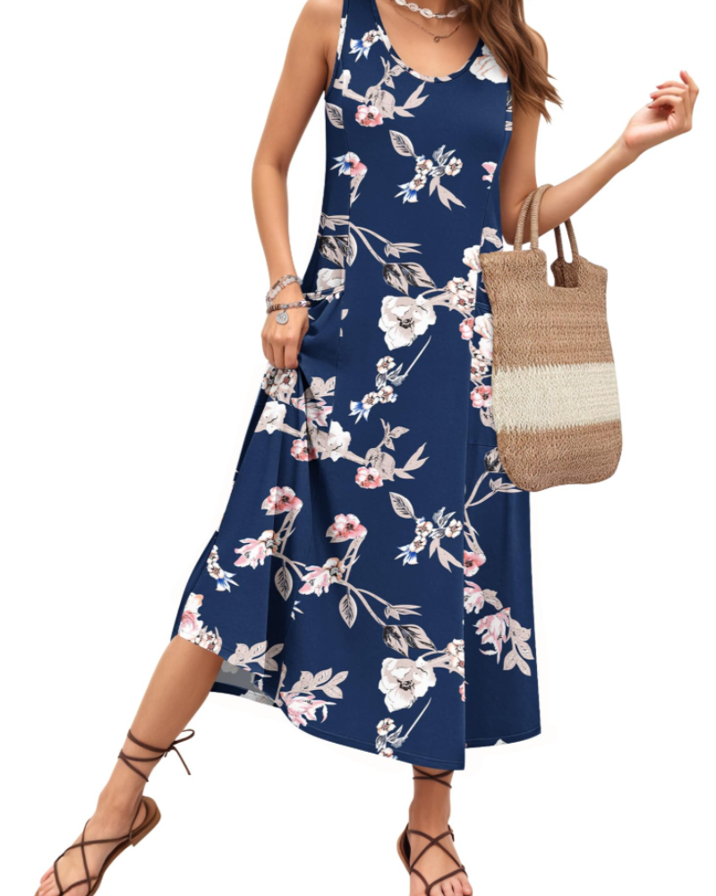 Naomi Women’s Sleeveless Maxi Dress – U-Neck A-Line Summer Dress with Pockets