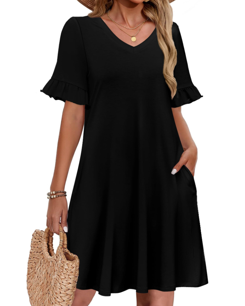 Freya Women’s A-Line Summer Dress – V-Neck Ruffle Sleeve Tunic Dress with Pockets