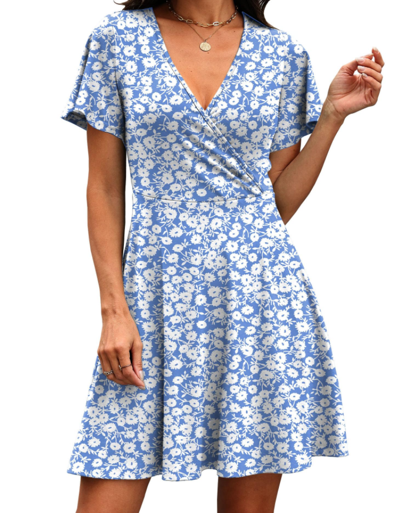 Isabelle Women’s Wrap V-Neck Dress – Ruffle Sleeve A-Line Summer Dress