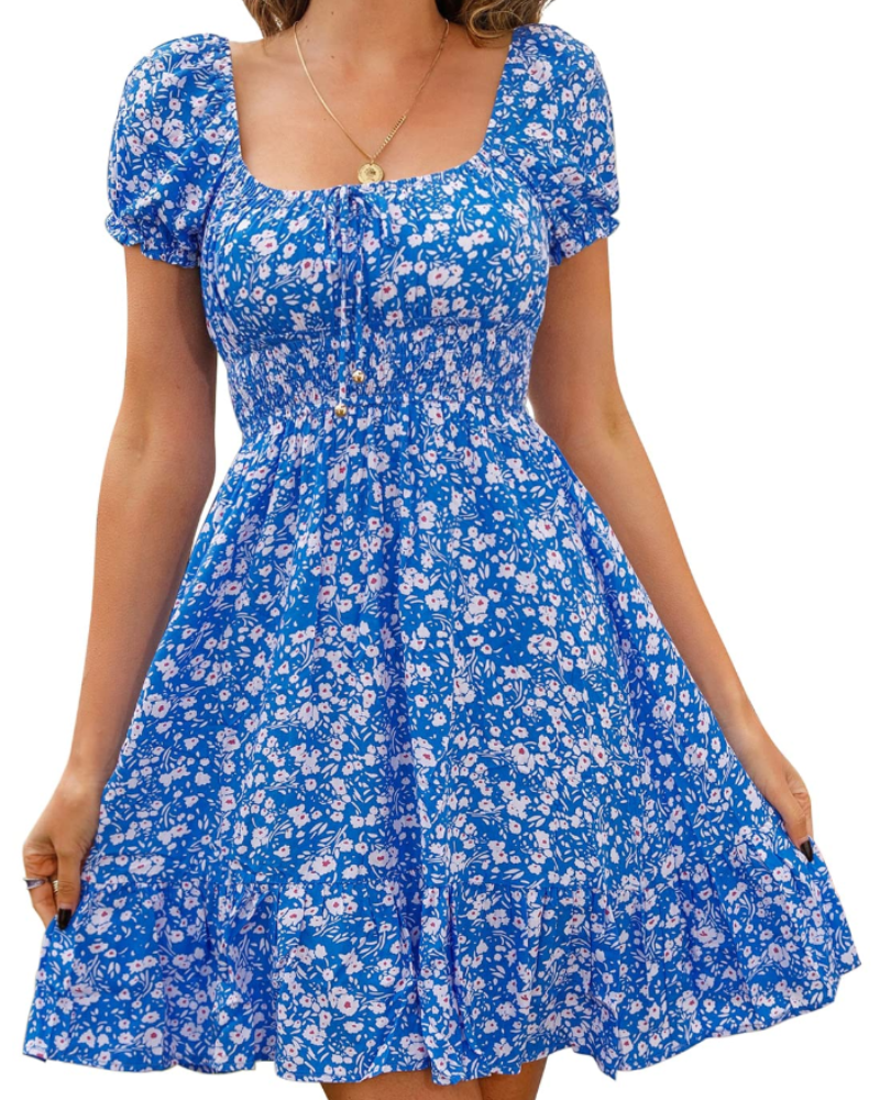 Natalie Women’s Floral Mini Dress – Puff Sleeve Open Back Summer Beach Dress