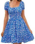 Natalie Women’s Floral Mini Dress – Puff Sleeve Open Back Summer Beach Dress