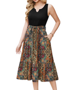 Amelia Women’s Sleeveless Midi Dress – V-Neck Belted Sundress with Pockets