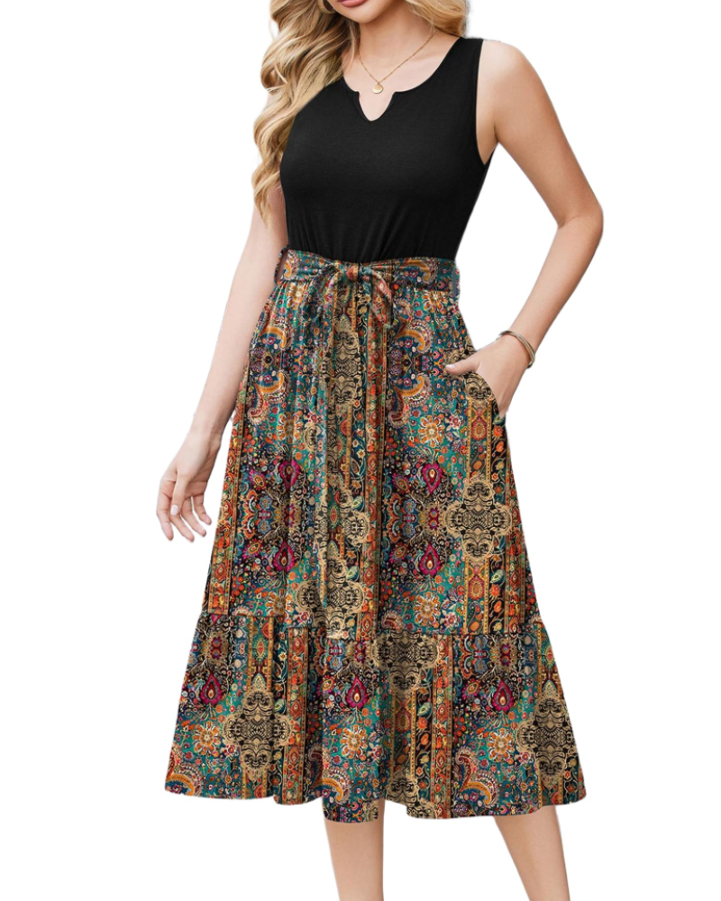 Amelia Women’s Sleeveless Midi Dress – V-Neck Belted Sundress with Pockets