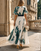 Valentina Women’s Maxi Dress – Green Cream Wrap Neck Dress with Waist Tie