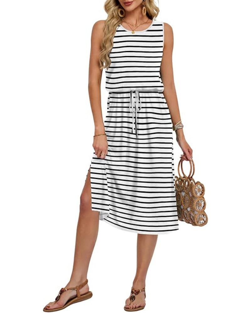 Natalie Women's Sleeveless Midi Dress – A-Line Summer Dress with Pockets