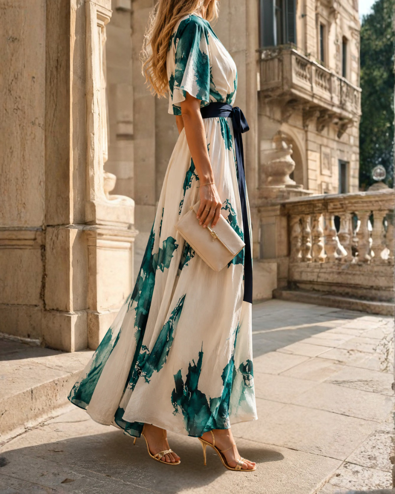 Valentina Women’s Maxi Dress – Green Cream Wrap Neck Dress with Waist Tie