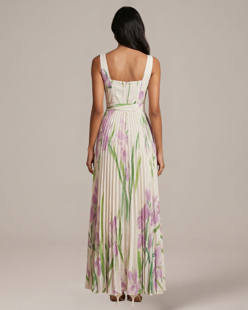 Audrey Women’s Floral Maxi Dress – Elegant Pleated Evening Dress with Flowy Fit