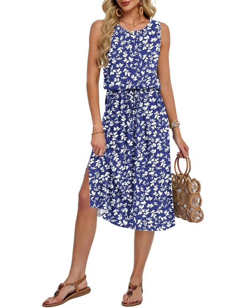 Natalie Women's Sleeveless Midi Dress – A-Line Summer Dress with Pockets