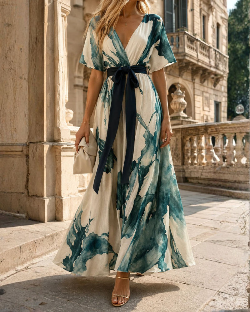 Valentina Women’s Maxi Dress – Green Cream Wrap Neck Dress with Waist Tie