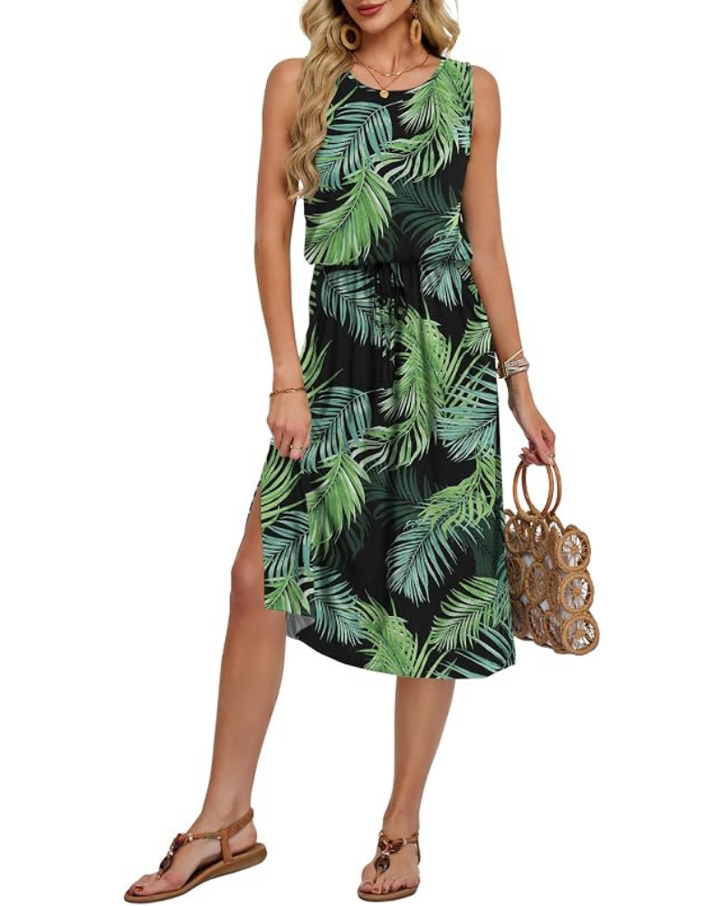 Natalie Women's Sleeveless Midi Dress – A-Line Summer Dress with Pockets