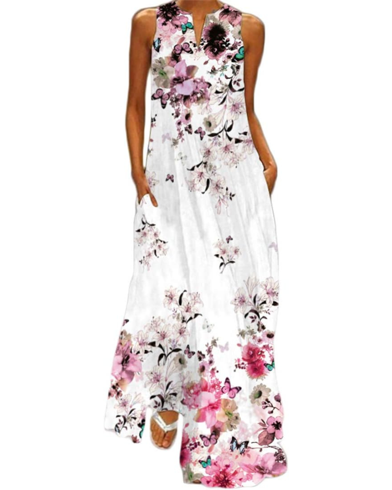Kiera Women's Butterfly Floral Maxi Dress – Sleeveless V-Neck A-Line Dress with Pockets
