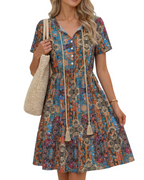 Lillian Women’s Boho Midi Dress – V-Neck Tassel Short Sleeve A-Line Dress