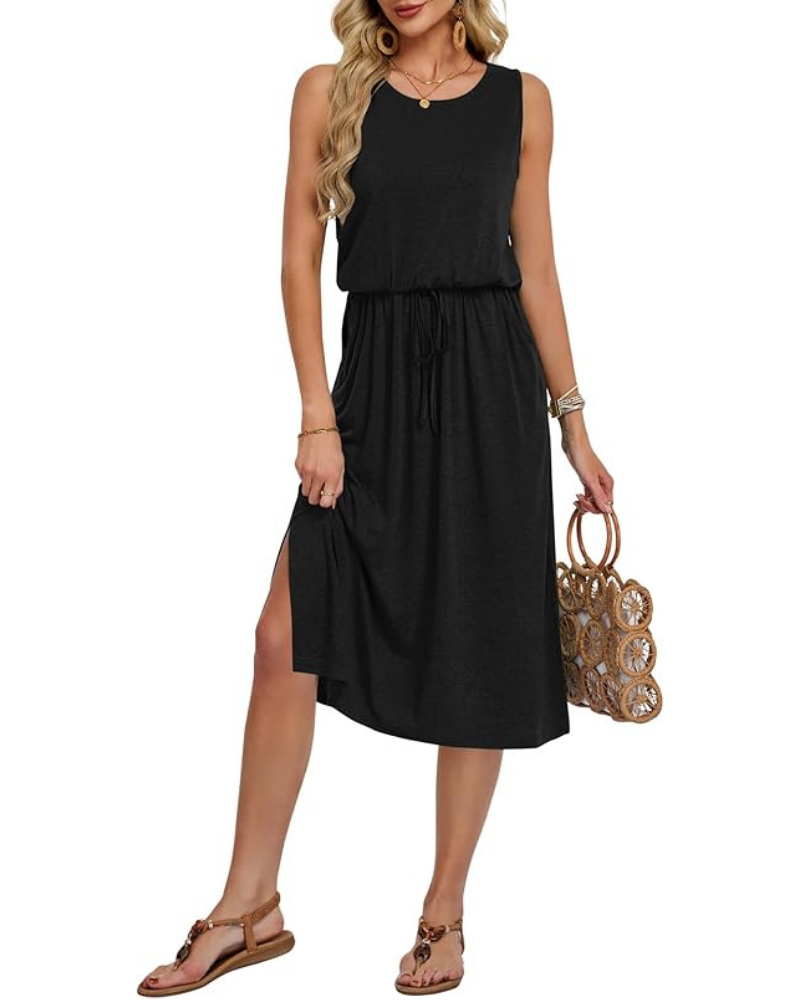 Natalie Women's Sleeveless Midi Dress – A-Line Summer Dress with Pockets