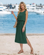 Natalie Women's Sleeveless Midi Dress – A-Line Summer Dress with Pockets