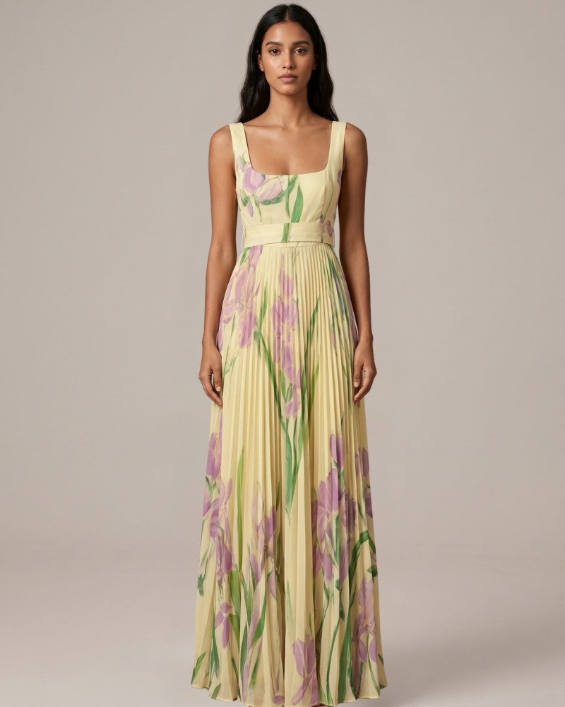 Audrey Women’s Floral Maxi Dress – Elegant Pleated Evening Dress with Flowy Fit