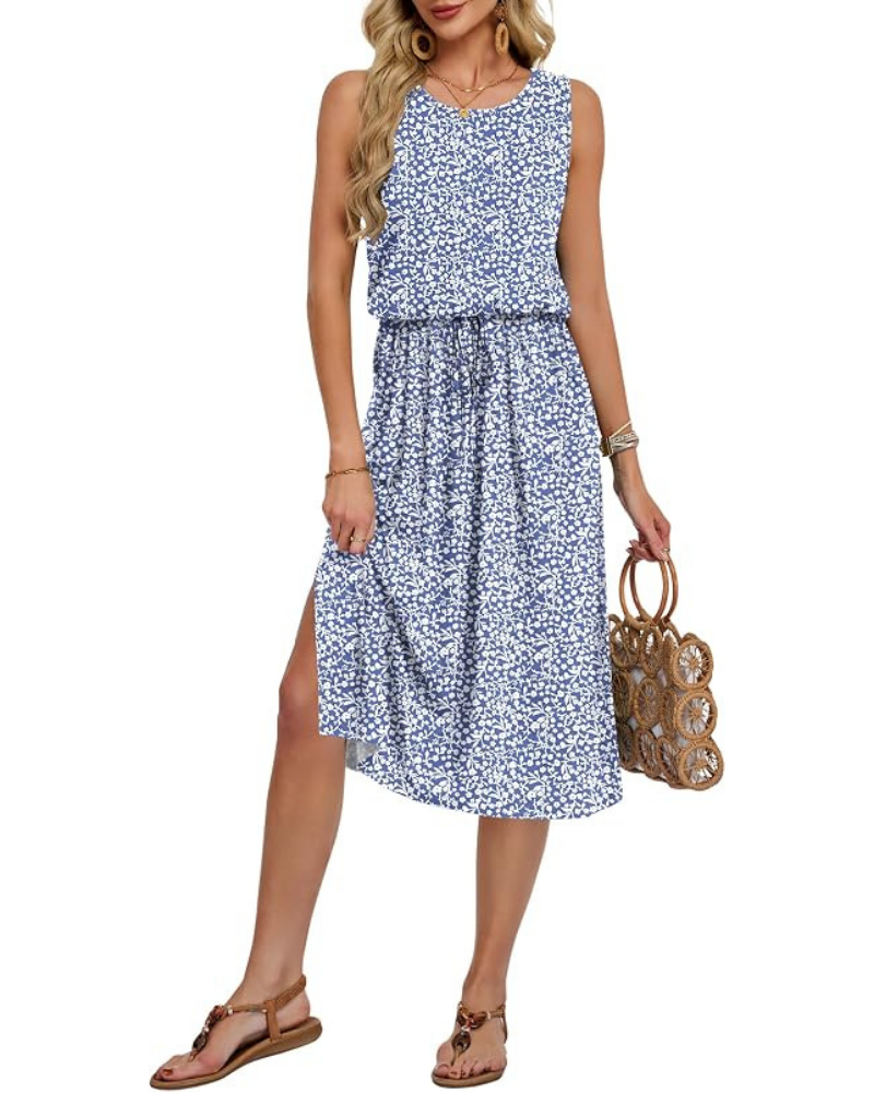 Natalie Women's Sleeveless Midi Dress – A-Line Summer Dress with Pockets