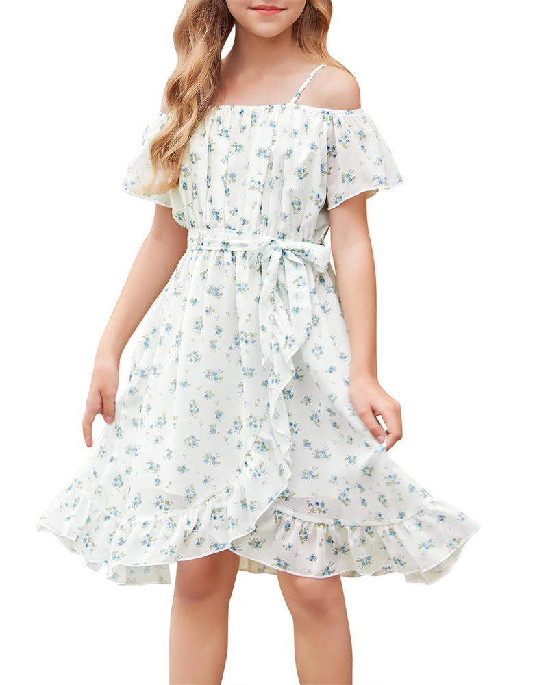 Ivy Girls' Floral Chiffon Dress – Adjustable Strap Knee-Length Dress with Waist Tie