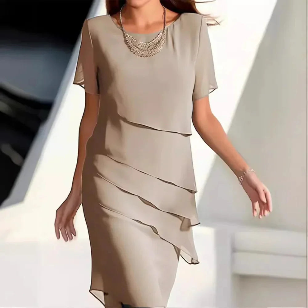 Elena Women's Chiffon Dress – Tiered Short Sleeve Elegant Summer Dress