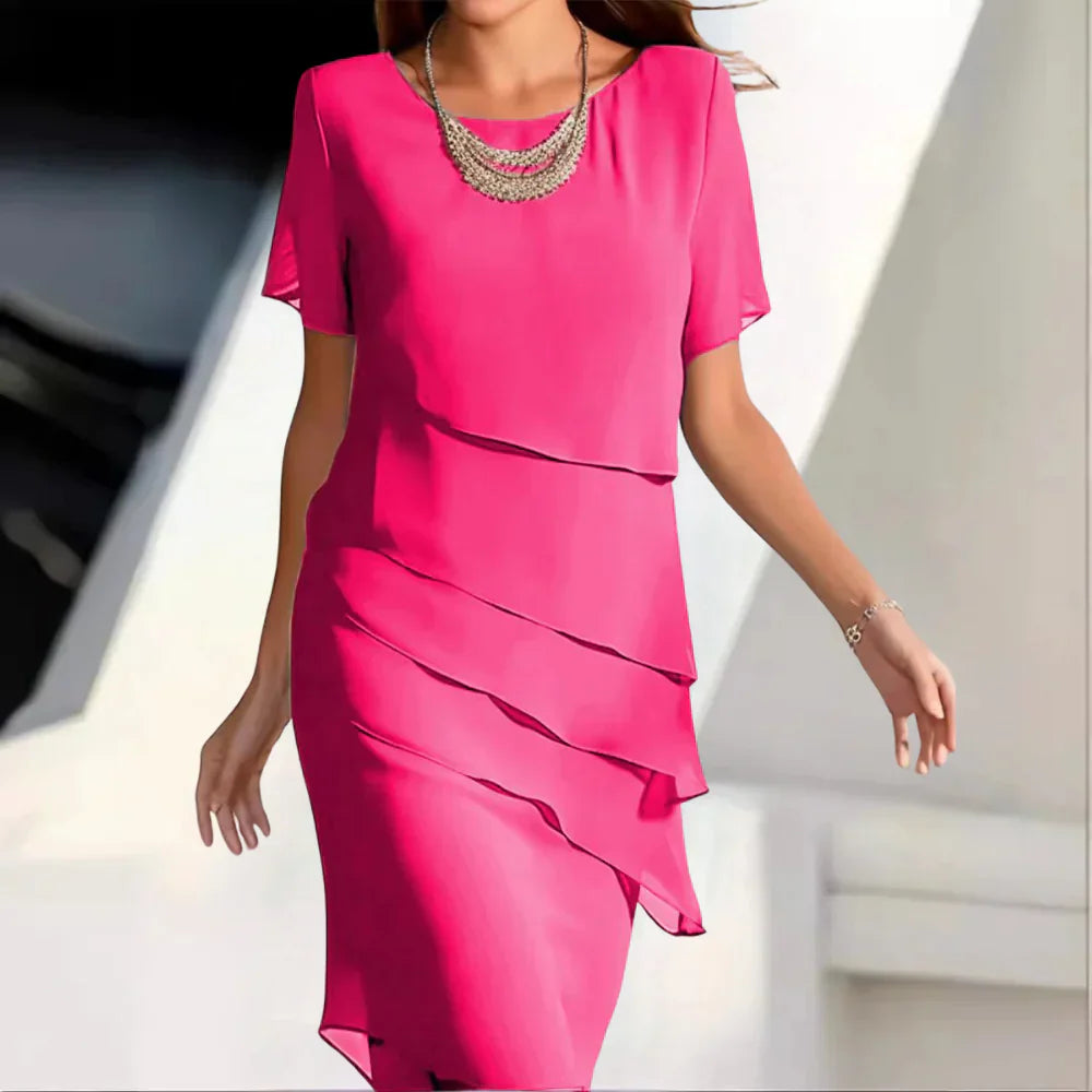 Elena Women's Chiffon Dress – Tiered Short Sleeve Elegant Summer Dress