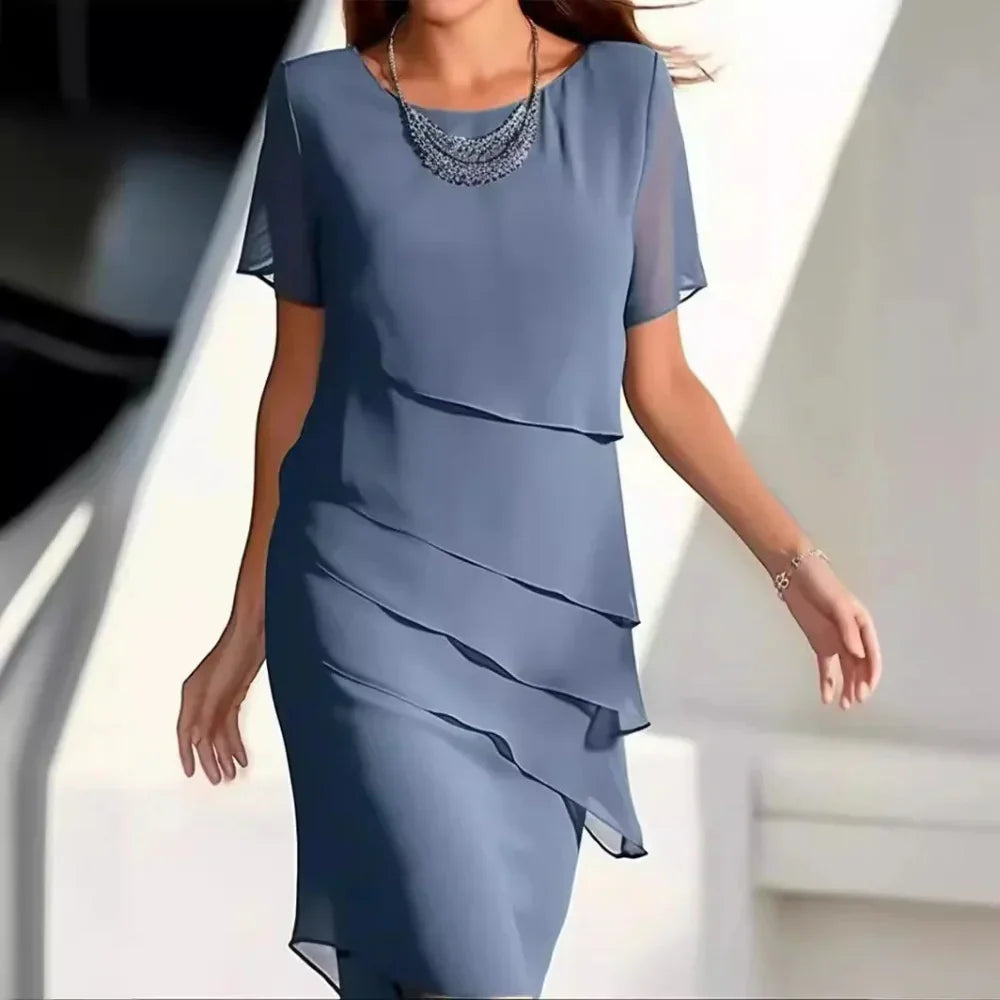 Elena Women's Chiffon Dress – Tiered Short Sleeve Elegant Summer Dress