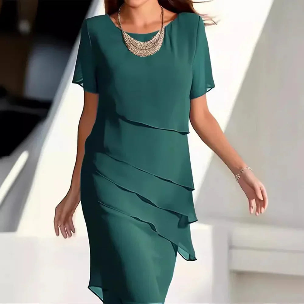 Elena Women's Chiffon Dress – Tiered Short Sleeve Elegant Summer Dress