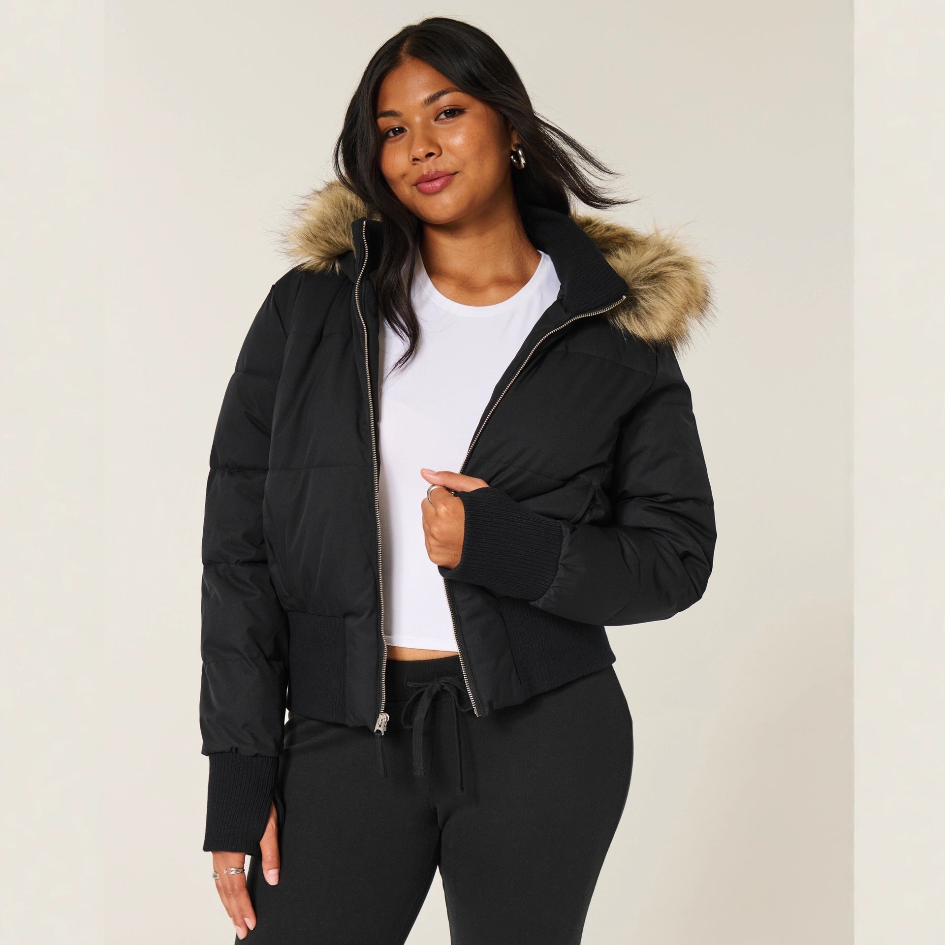 Elena Women's Winter Coat – Removable Faux Fur Hood Warm Cropped Jacket