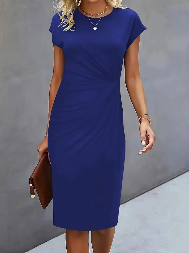 Amyrose Women’s Midi Dress – Elegant Fitted Office Dress with Classic Round Neck