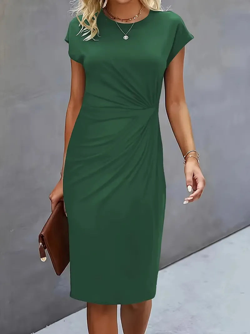 Amyrose Women’s Midi Dress – Elegant Fitted Office Dress with Classic Round Neck
