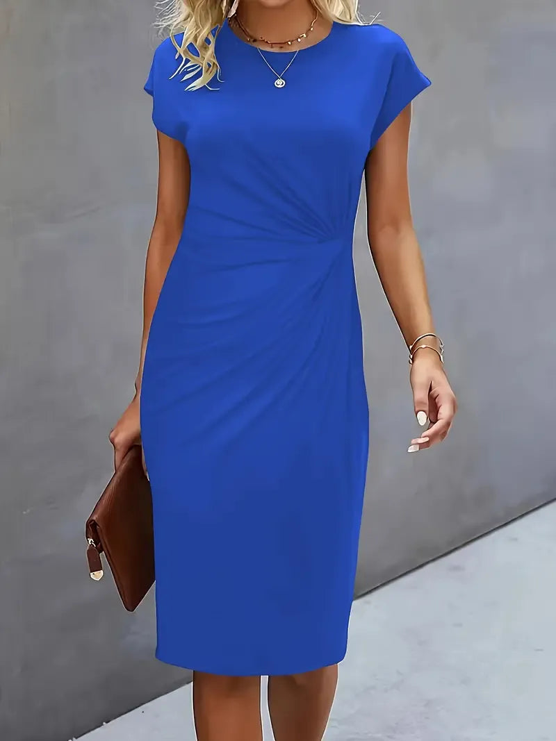Amyrose Women’s Midi Dress – Elegant Fitted Office Dress with Classic Round Neck