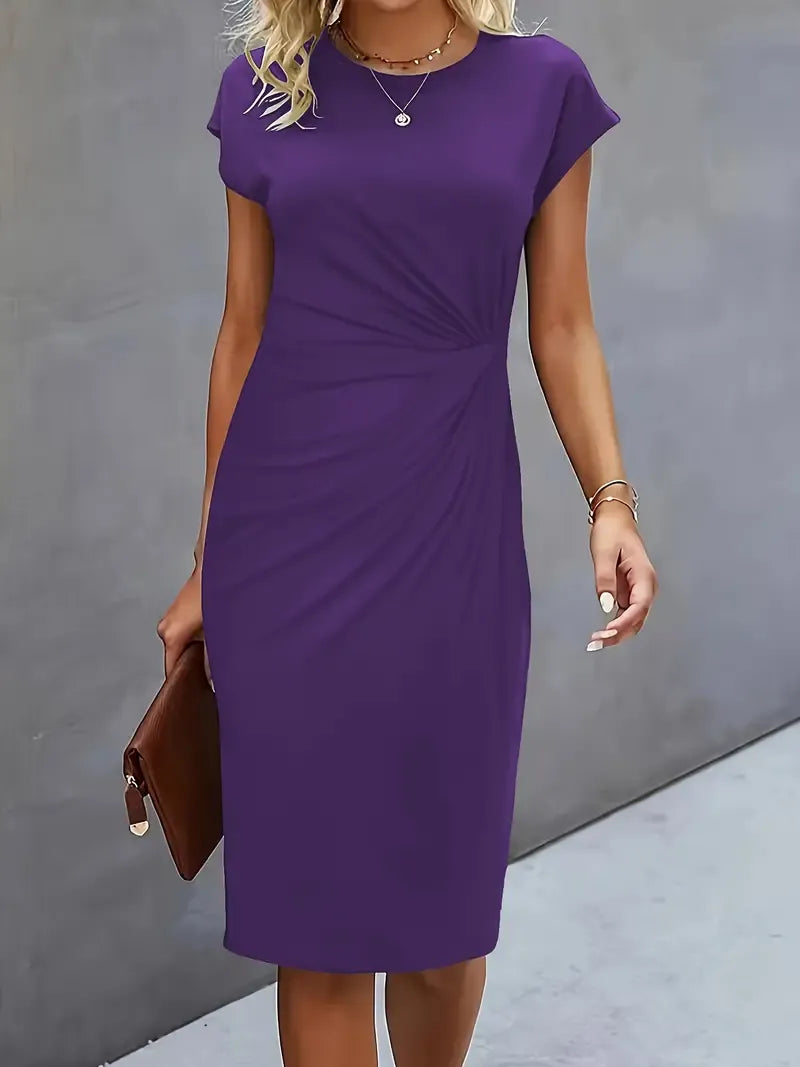 Amyrose Women’s Midi Dress – Elegant Fitted Office Dress with Classic Round Neck