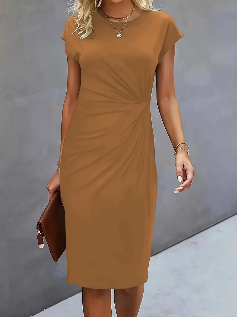 Amyrose Women’s Midi Dress – Elegant Fitted Office Dress with Classic Round Neck