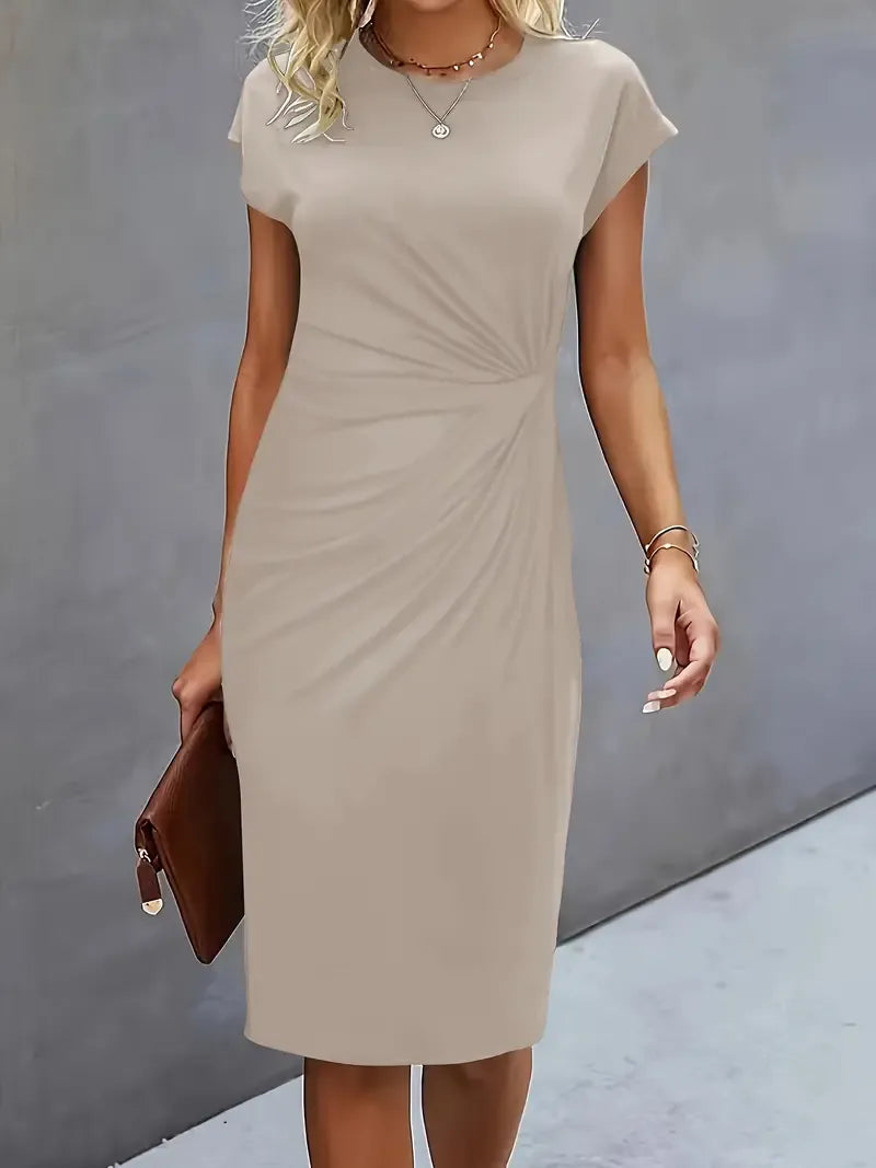 Amyrose Women’s Midi Dress – Elegant Fitted Office Dress with Classic Round Neck
