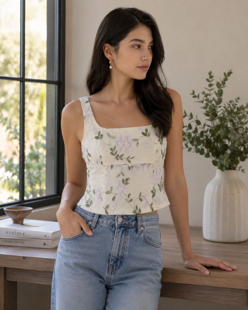Natalie Floral Tank Top – Beige Slim Fit Sleeveless Summer Top