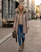 Anne Women’s Puffer Jacket – Chevron Quilted Winter Coat with Faux Fur Hood