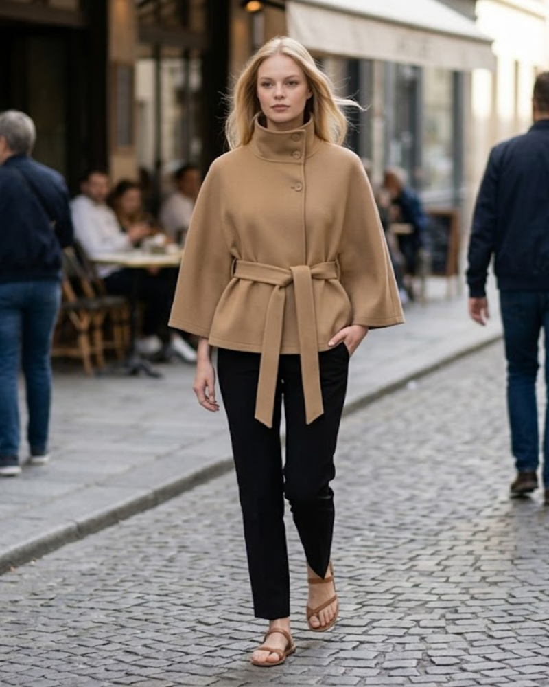 Ivanna Women’s Wool Blend Coat – Elegant Long Winter Coat with Belt & High Collar