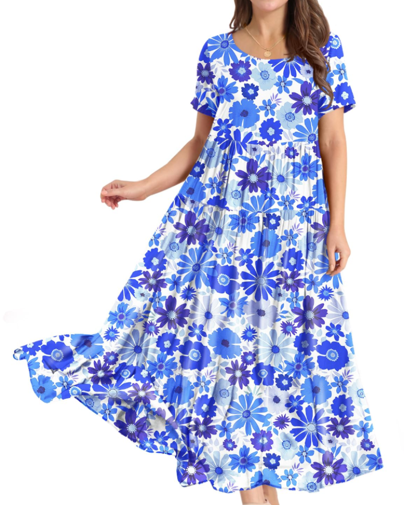 Camille Women’s Floral Maxi Dress – Empire Waist Tiered Swing Dress with Pockets