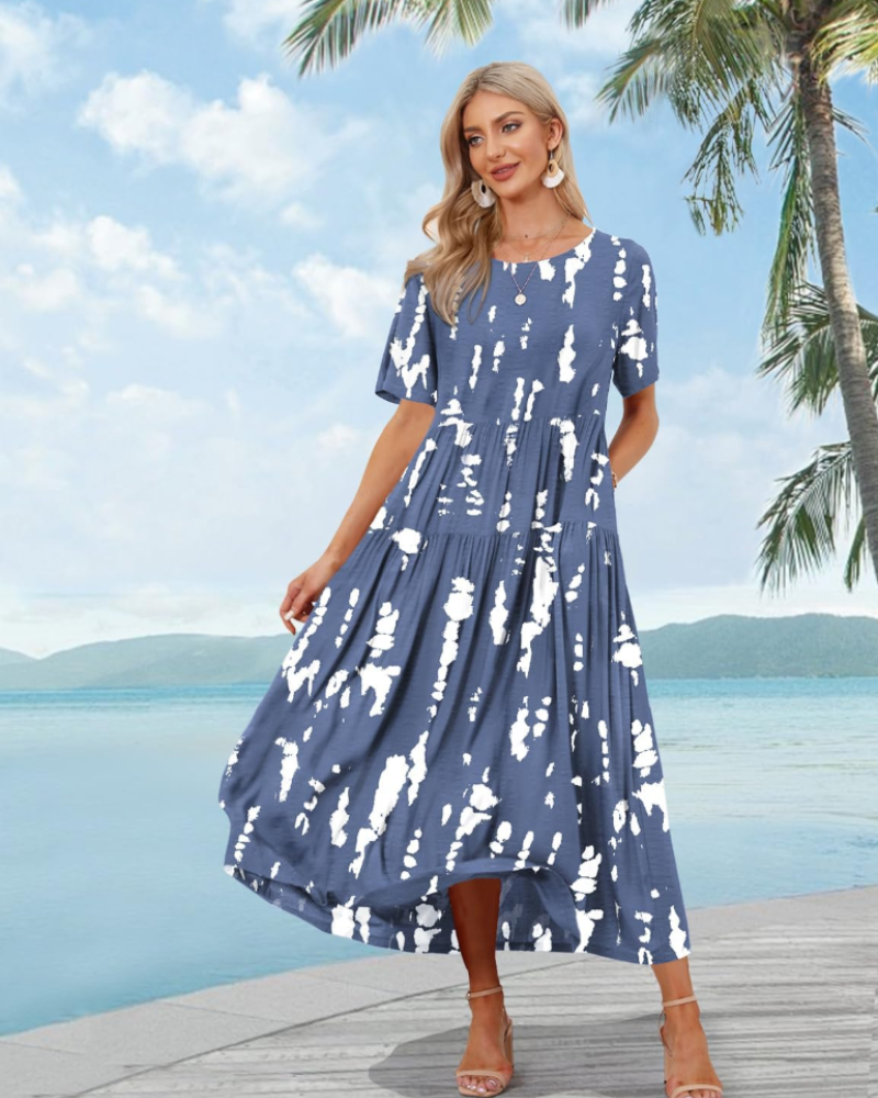 Camille Women’s Floral Maxi Dress – Empire Waist Tiered Swing Dress with Pockets