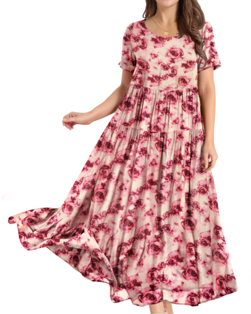 Camille Women’s Floral Maxi Dress – Empire Waist Tiered Swing Dress with Pockets