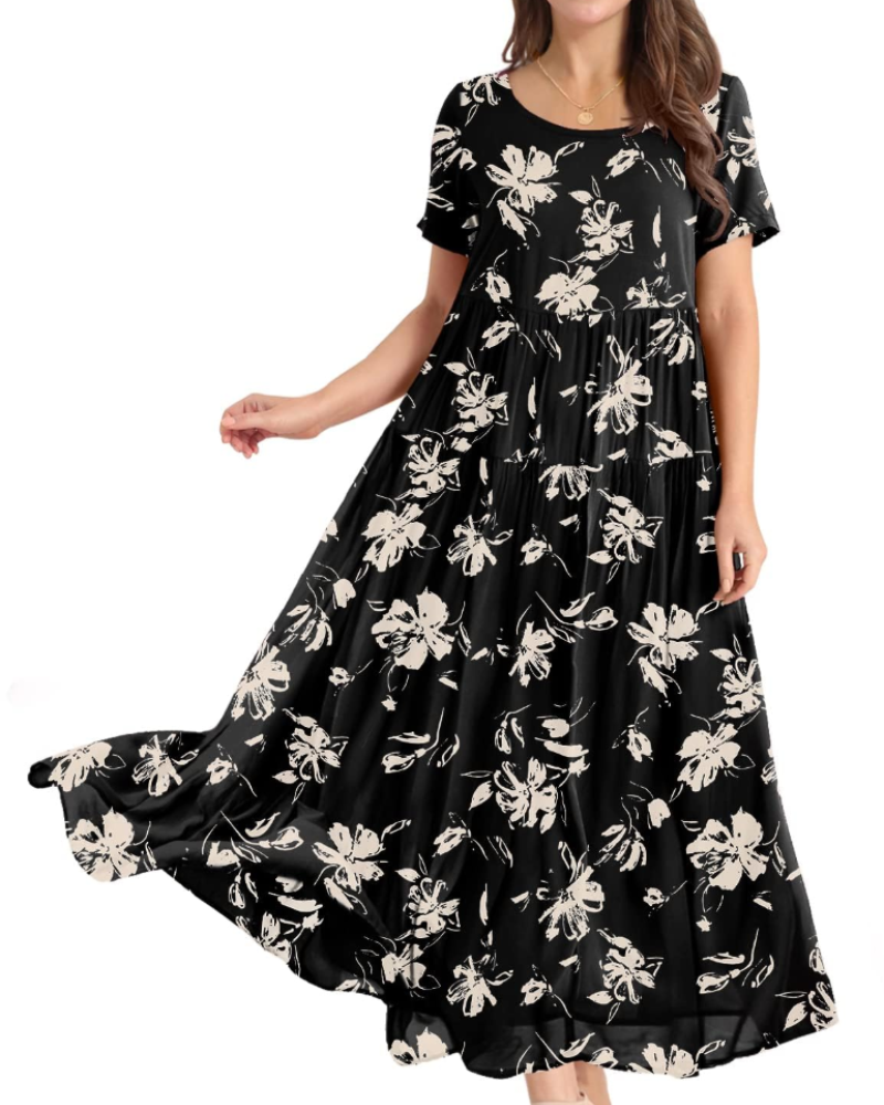 Camille Women’s Floral Maxi Dress – Empire Waist Tiered Swing Dress with Pockets