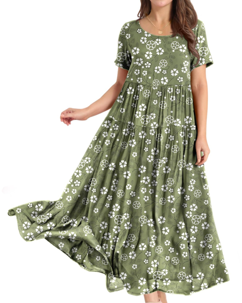 Camille Women’s Floral Maxi Dress – Empire Waist Tiered Swing Dress with Pockets