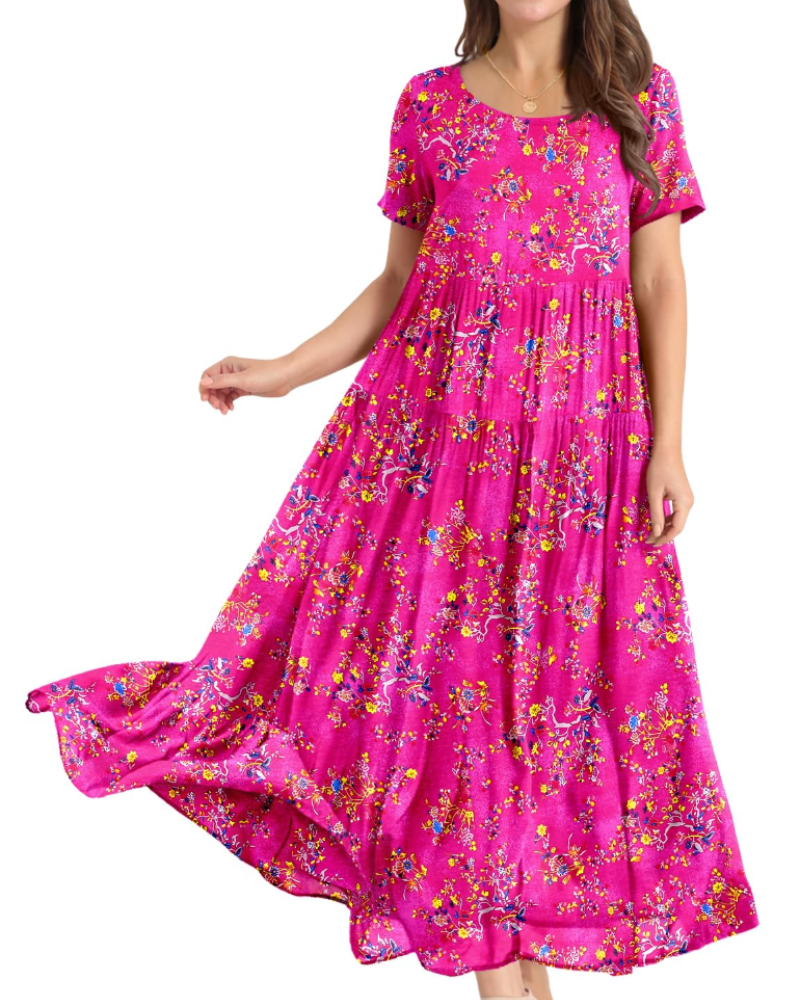 Camille Women’s Floral Maxi Dress – Empire Waist Tiered Swing Dress with Pockets