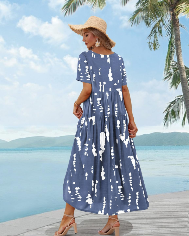 Camille Women’s Floral Maxi Dress – Empire Waist Tiered Swing Dress with Pockets