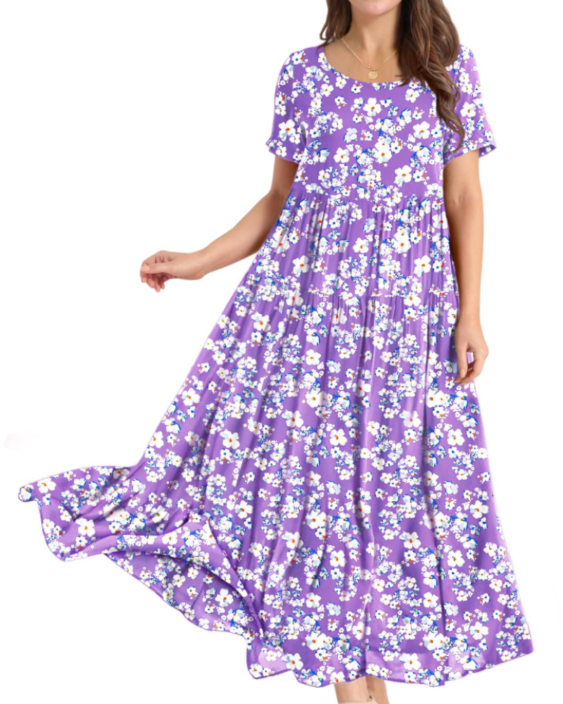Camille Women’s Floral Maxi Dress – Empire Waist Tiered Swing Dress with Pockets